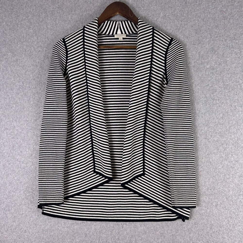 Talbots Cardigan Women S? Black White Stripe Open Front Long Sleeve Casual Cozy